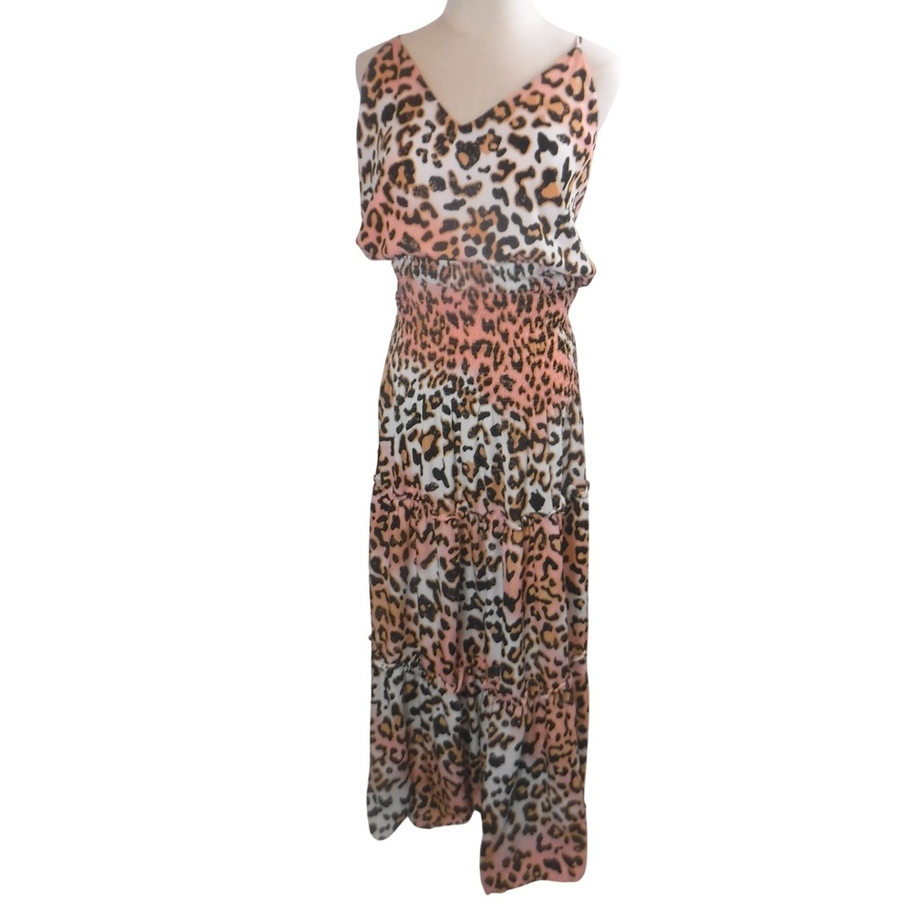 Buddy Love Leopard Print Maxi Dress Pink Orange Ombre Smocked Tiered Large NWT